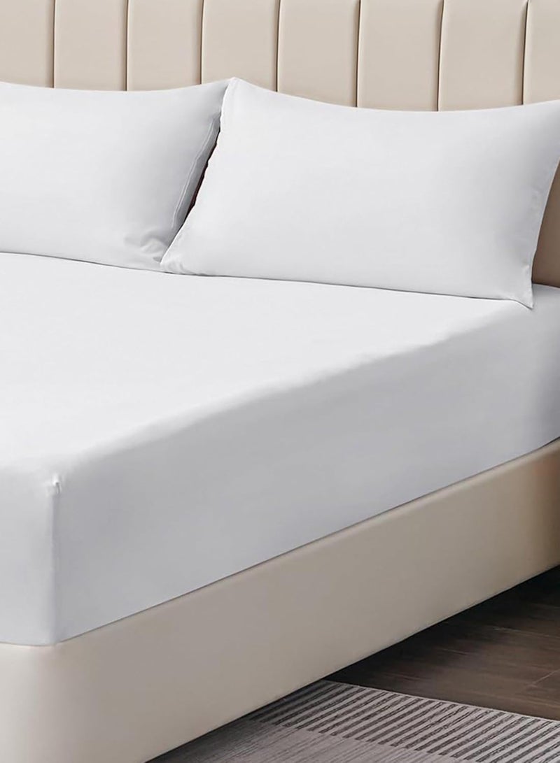 Kanfab Double fitted Bedsheet with 2 Pillow Case 160 x 200 Cm White - Image 2